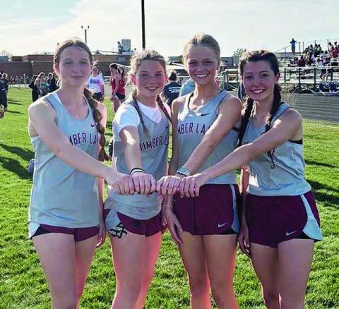 Setting a new Timber Lake High School record in the 400 meter relay with a time of 52.88 were (l-r) Josie Boldt, Korbi Heck, Hailey Roggow and Arianna Bieber. Topic Photo/Marie DuPreez