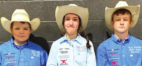 Dupree School has three JH students headed to the National Jr High School Rodeo Finals that will be held in Perry, Georgia this year. (L-R): Tanner Thorstenson qualified in team roping with Hayes Burress of Isabel, Minda Woodward in breakaway, and Fletcher Birkeland in bareback riding.