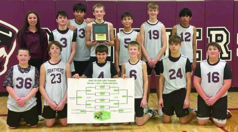 Timber Lake captured the championship at the Little Moreau Conference Jr. High boys basketball tournament played Saturday, Feb. 1, in Timber Lake. Team members include (back row, l-r) Coach Josie White, Blake Lei, Theo Taylor, Braxton Farlee, Camden Ley, Owen Schweitzer and Brayden Brown; (front row) Garrett Nilson Michael Bollinger, Koy Hunt, Gracen Gill, Zander Van der Merwe, and Baylor Bickel.