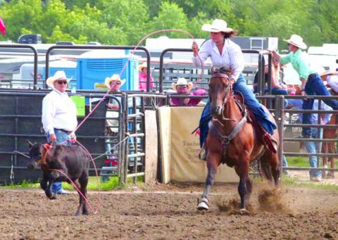 Acacia Anderberg of Mobridge ropes a critter during the girls senior ribbon roping event at the 2023 South Dakota 4-H Finals Rodeo in Ft. Pierre Aug. 18-20. Anderberg earned seventh place with two runs totaling 31.630 seconds. Photo by Jon Flatland