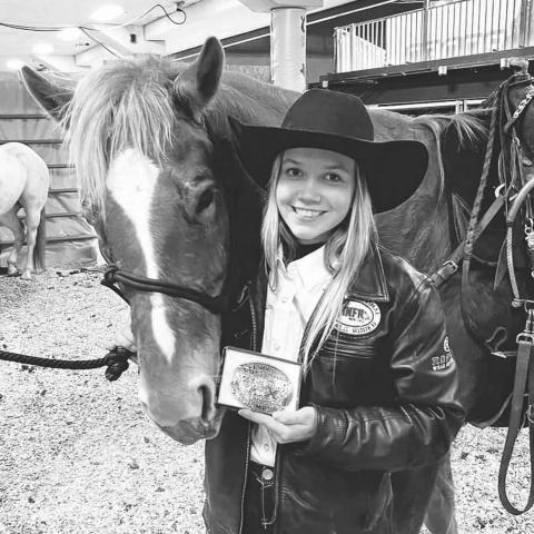 Courtesy Photo Kennedy McLellan of the Dupree High School Rodeo Team, along with her horse, Captain, won the pole bending event at the South Dakota 20X High School Rodeo Showcase in Rapid City on Sunday, Jan. 29. The rodeo featured the top three high school rodeo competitors in 10 events from all four regions of the state. McLellan clocked in with a time of 20.05 seconds. Katie Sheridan of Faith was third overall with a time of 20.94 seconds.