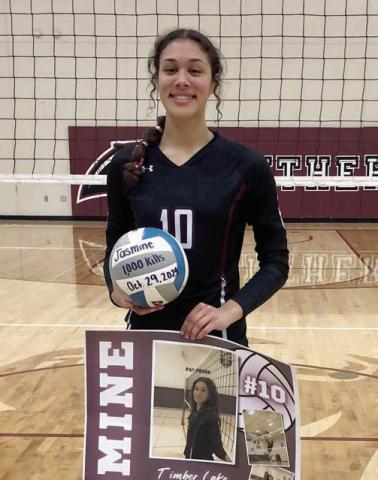 Senior Jasmine Nash was recognized during Timber Lake’s win over Wall lat week for surpassing the 1,000 career kills plateau. Courtesy photo