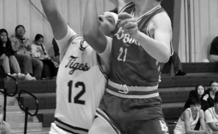 Dupree’s Jeremiah Tiger (12) draws a foul from Bison player Kort Ryan while driving for a lay-up during a meeting between the Tigers and Cardinals last week. Photo by Patty Peacock