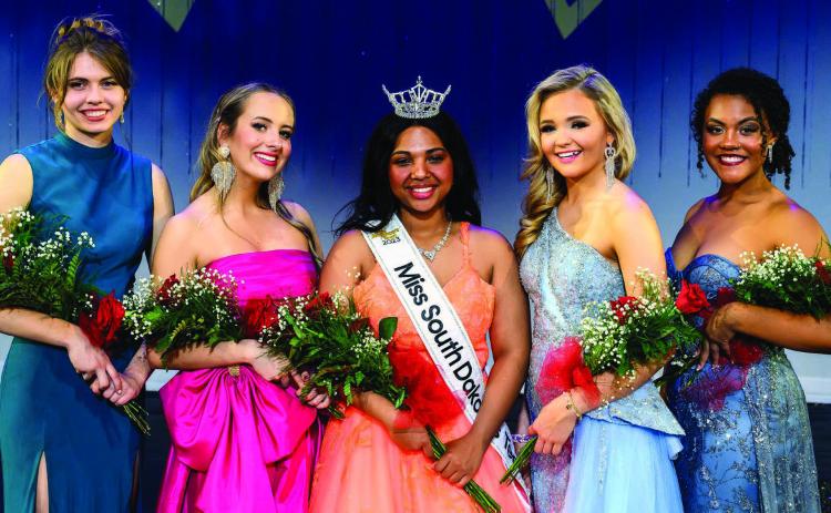 Natalie Biegler (LEFT) of Timber Lake was fourth runner-up in the Miss South Dakota’s Teen Pageant held last week at Brookings. Also pictured are (L-R): Amelie Wilcox, third runner-up; Miss South Dakota’s Teen 2023 Nevaeh Kee; first runner-up Briley Steffensen; and second runner-up, Crimsun Hotz.