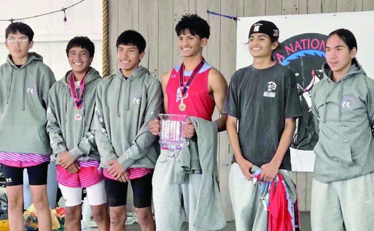Members of Cheyenne-Eagle Butte Braves winning the Region 4A championship and qualifying for the State Class A Cross Country Meet were (l-r) Liam Norris, Demetrius Sanchez-Gonzalez, Xavier Sanchez-Gonzalez, Jayden Taken Alive, Jackson Taken Alive and Gage Bald Eagle. Also qualifying for state was Aubree Miner.
