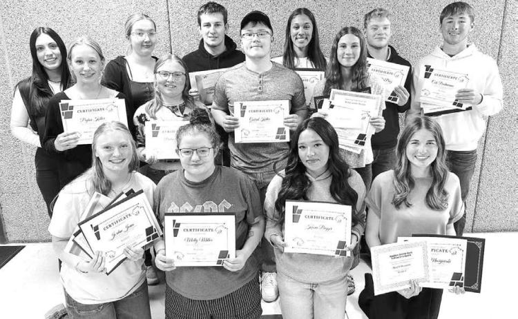 Fourteen Timber Lake seniors went home with scholarship awards presented at the annual TLHS Awards Day on May 7. Front (l-r): Jordan Jones, Molly Miller, Kessa Bigger, Meredith Maciejewski; Middle: Peyton Keller, Brelan Maher, Gabe Keller, Natalie Lawrence; Back: Mckenzi Vomacka, Lola Hornick, Landen Lemburg, Jasmine Nash, Treyton Du Preez, Cole Ducheneaux.