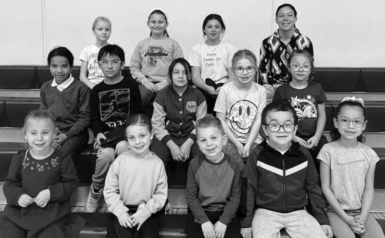 Red Ribbon Week Contest winners at Timber Lake Elementary were: FRONT (L-R): Remi Aberle, Elliot Schweitzer, Layson Gimbel, Ryker Bridges, Millie Brown Otter; 2ND ROW: Evangelina Reichert, Cole Brown Otter, Lola Yellow Horse, Rose Maher, Harleigh Hayes; 3RD ROW: Kendyl Gill, Tegan Baker, Finley Boldt, Cheyienne Nygaard.