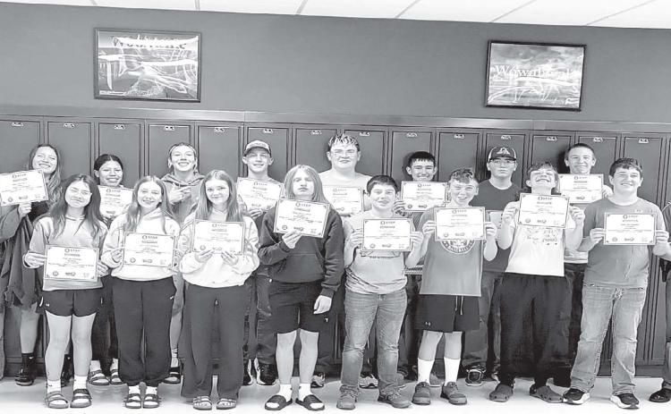 Students and instructors at the Stop the Bleed training, front (l-r): EMT/Instructor Sylvia Mowrer, Leah Eigelaar, Grace Keller, Lily Handeland, Ryan Angsman, Glen Mowrer, Max Johnson, Mason Kraft, Luke Biegler, SD Highway Patrolman Ryan Serr, EMT/ Instructor G.J. Castaneda; Back: EMT/Instructor Kyle Nilson, Rosaleigh LaChance, Tessla Ducheneaux, Oaklee Mutchler, Cheyienna Nygaard, Isaac Zeug, Kayne Palmer, Emmett O’Leary, Aiden Lindskov, and Maddoc Boysen.