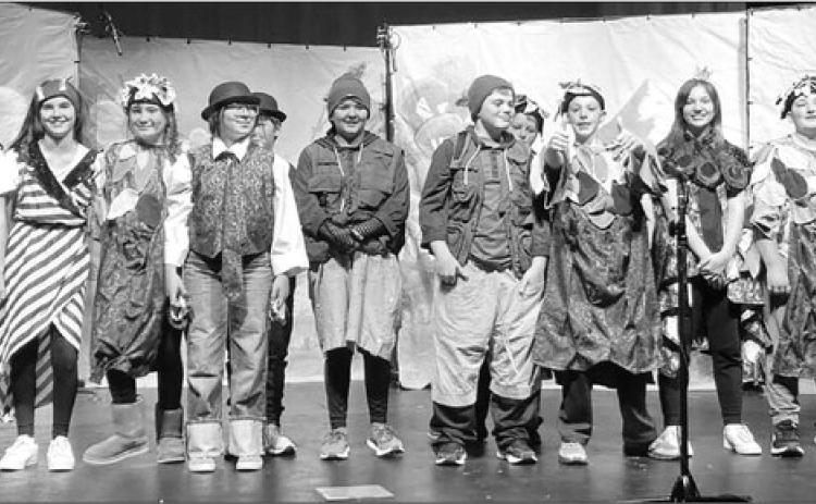 AT RIGHT: The Forest Creatures. L-R: Jiel Mowrer, Kylie Lawrence, Jalee Booth, Selena Longbrake, Ben Peterson, Katie Ridl, Thomas O’Bryan, Trent Russell, Michael Bollinger, Pazlin Ducheneaux, Baylor Bickel, and Cody Russell.