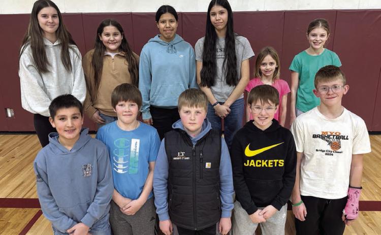 Local Knights of Columbus Hoop Shoot competitors include (front L-R) Jett Fiddler, Monroe Kraft, Austin Lindskov, Karter Lindskov, Luke Beer; (back, L-R) Kylie Lawrence, Aliviah Schambriel, Oaklee Mutchler, Autym Red Bear, Harper Biegler, Raelyn Quaschnick. Not pictured is Vern Long. Topic Photo/ Kathy Nelson