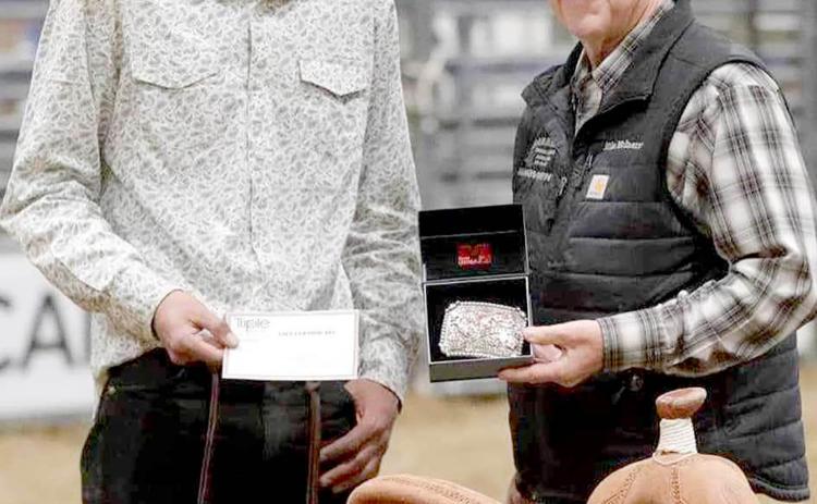 Chazz Gabe of Timber Lake , left, captured the NRCA Finals Rodeo bull riding championship over the weekend in Gillette, WY, to go along with the year-end title. Several competitors from Dewey County and the surrounding area garnered finals or year-end championships. Courtesy photo