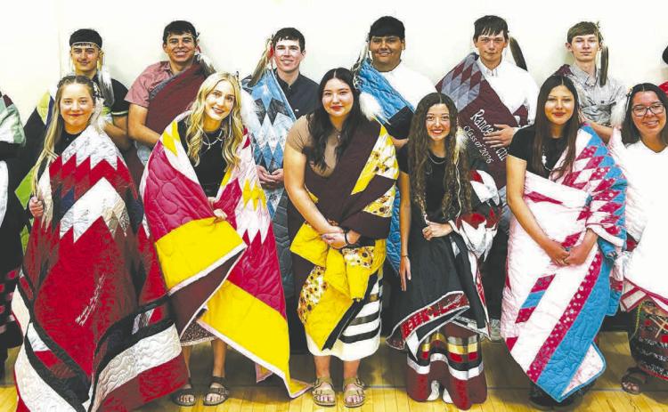 The Timber Lake School Native American Education Committee held an honoring ceremony for Native American graduates on April 22. Seniors honored are Front (l-r): Maddie Lou Gray, Miley Murray, August Laurenz-Anderson, Arianna Bieber, Bethany Archambault, Alexis Salciedo; Back: Ikeeah Buckley, Ethan Ward, Chris Peterson-Lemmon, Cullen Biegler, Hayden Thompson, Rance Martin, Gavin White, and Jesse Ridl.