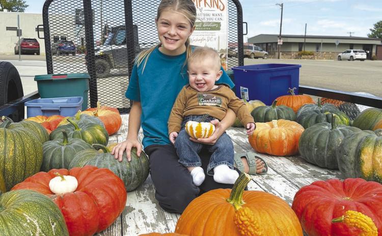 Raelyn Quaschnick sold pumpkins from her garden Sunday afternoon to raise money for a trip to Washington, DC. Cal Hanssen was her happy helper.