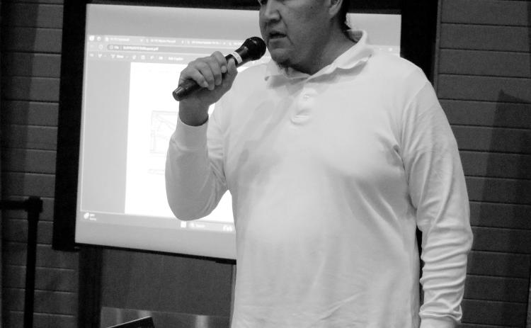 Ryman LeBeau, Chairman of the Cheyenne River Sioux Tribe, discusses the Touch the Clouds development at an information meeting in the CRST Cultural Center last week following a traditional blessing at the site of the development. Photo by Jon Flatland