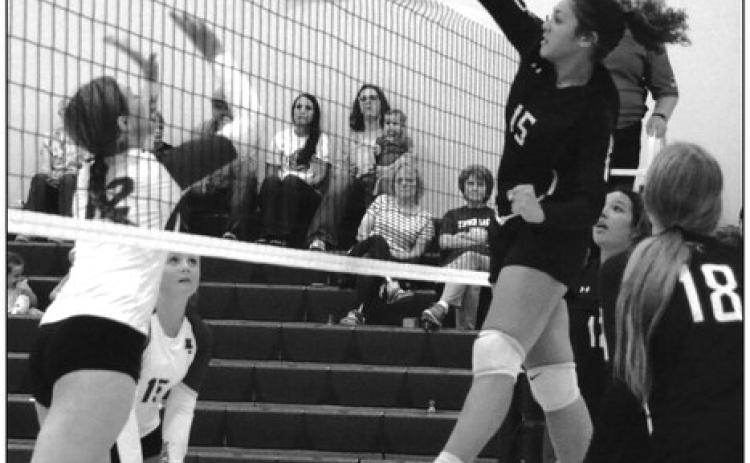 Timber Lake’s Jasmine Nash (15) hammers a spike during recent volleyball action against Harding County. The Lady Panthers improved to 2-1 overall this week and will play in an invitational tournament in Mobridge on Saturday, Sept. 9. Photo by Jon Flatland