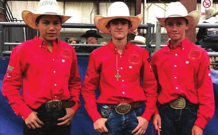 Advancing to the National Jr. High Finals Rodeo in Des Moines, IA next month were Mark Sandquist of Trail City, Wynn Lawrence of White Horse and Hayes Burress of Isabel. Photo by Patty Jo Burress