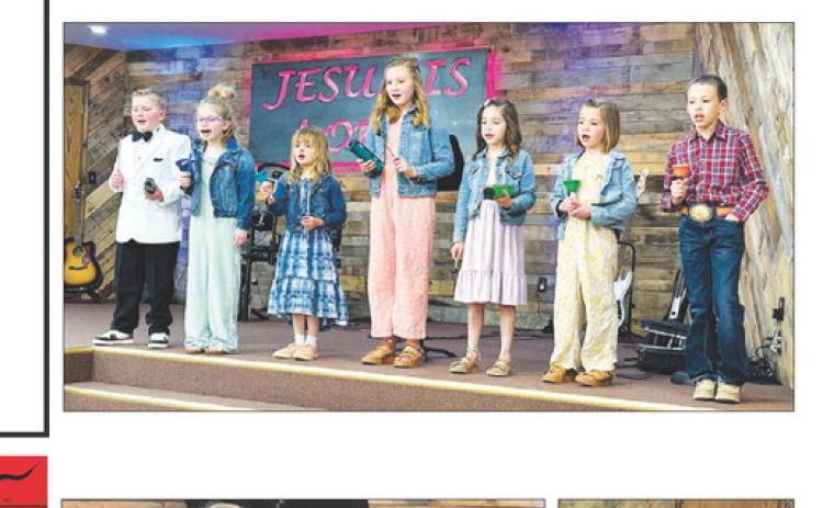 The K4J choir from Holy Cross Church performed at the annual Spring Sing Sunday evening at New Hope Church. L-R are Isaac Schweitzer, Rose Maher, Harper Biegler, Elyse Parker, Kiernan Biegler, Brie Parker, and Gunner Wright.