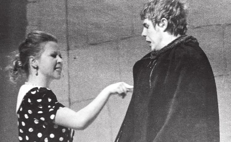 “Mmmbeth” The Timber Lake High School Drama Department does a comedic twist on Shakespeare’s Macbeth for the public on Monday evening. The cast performed at the One Act Play contest in Mobridge on Wednesday. Evy Johnson as Lady Mmmbeth has her eye on the throne of Scotland and implores Mmmbeth–Sean Meginness–to do what must be done Isabel Dakotan, January 21, 1982