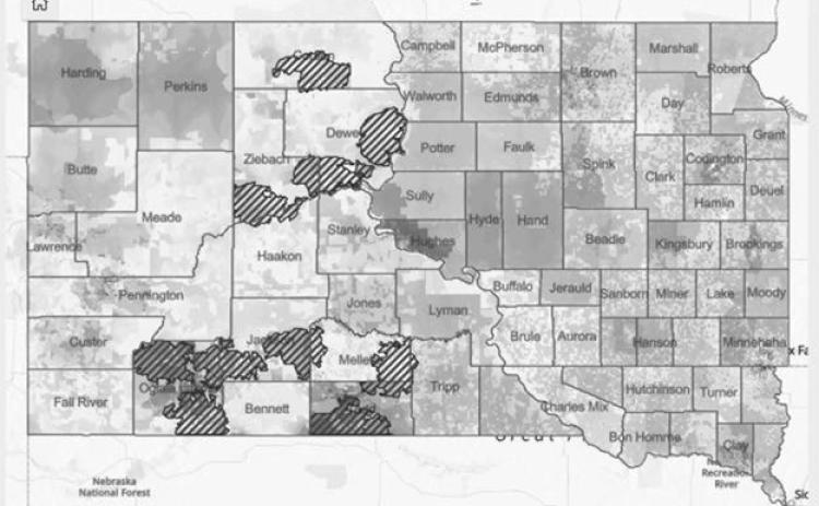 Dark areas on this map of South Dakota indicate regions considered “legal deserts” due to a lack of attorneys and other factors.