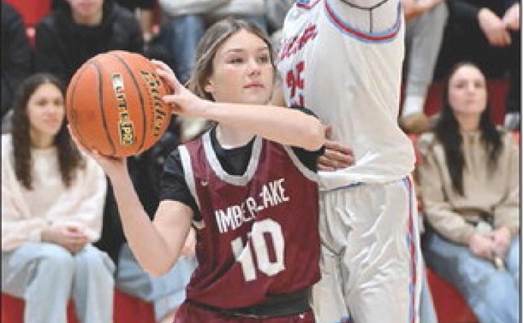 Timber Lake’s Korbi Heck looks to dish the ball along the baseline while being defended by C-EB’s Alisa Eberhard during girls basketball action last week. Both the Panthers and Braves are competing in their respective region tournaments this week. Photo by Marie DuPreez