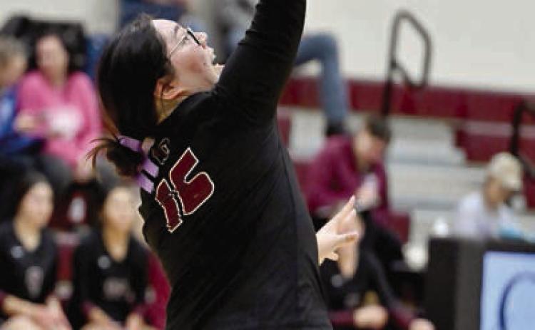 Timber Lake’s Ikeeah Buckley serves an ace during recent Panther volleyball action. Timber Lake edged Dupree 3-2 in the Region 8B play-in game on Monday. Photo by Marie Du Preez