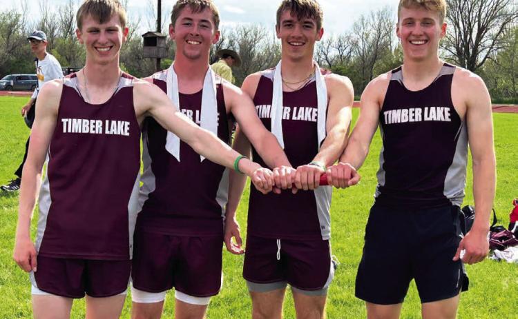 The Timber Lake Panthers foursome of Holden Gill, Cole Ducheneaux, Gavin Farlee and Gracen Hansen set a new school record in the 1600 meter relay at the Super Region Meet in Gettysburg last Thursday, May 16. Their time of 3:32.94 bettered the previous record of 3:34 set in 2006 by Josh Crance, Bryan Aberle, Cody Aberle and Tyler Kraft.