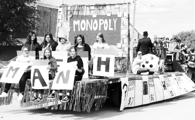 Wyatt Lemke WAS the Monopoly Man character this week! He had that part in the skit and was a key part of the ninth graders outstanding Monopoly themed parade float that took first place in the 7th-9th grade division.