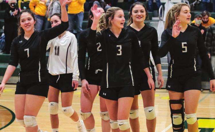 The Timber Lake volleyballers wave goodbye to the crowd following their final match of the season last Tuesday in the SoDak 16 round in Mellette. Northwestern defeated TLHS to advance to the state tournament. Photos by Robert Slocum
