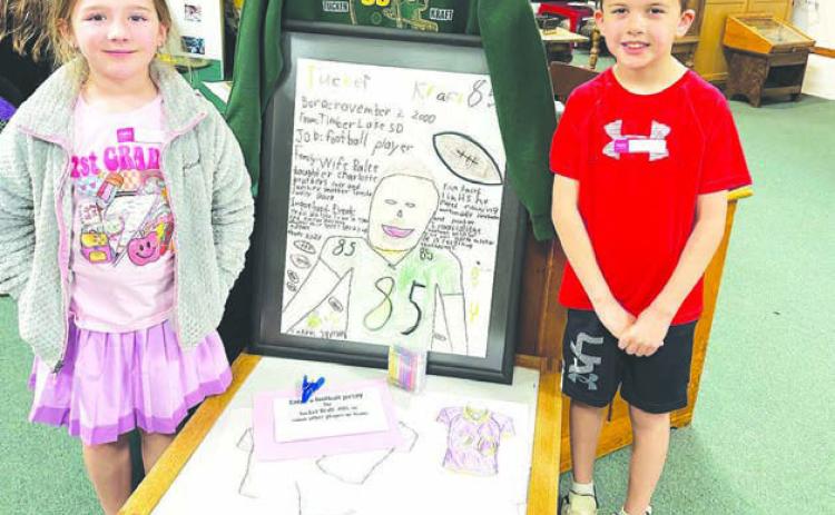 Timber Lake first graders Lakyn Lindskov and Bryson Long were given an assignment to make a poster about a famous person. They chose Green Bay Packers tight end Tucker Kraft. Their poster was first displayed at school and then they loaned it to the Timber Lake Museum for the Tucker Kraft exhibit. Topic photo/Kathy Nelson