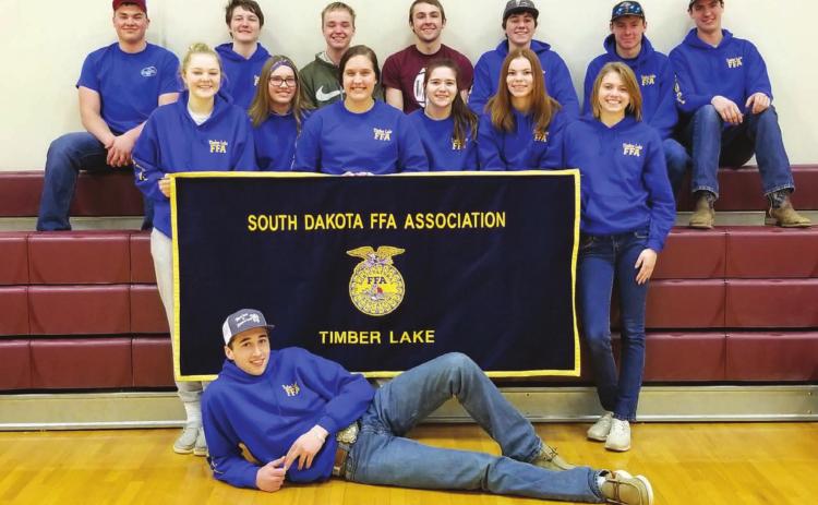 Timber Lake High School FFA members (2020-2021. FRONT: AJ Lindskov, Tell Murray, Jesse Winterberg, Brandt Ducheneaux, Konor Trenton Hansen; FIRST ROW (L-R): Stormi Hulm, Cassie Harris, Tessa Lindskov, Ethan Goldade, Tristen Goldade. NOT PICTURED: Sawyer Goldade, Abby Linderman, Cindy Hoyt, Natalie Biegler; BACK ROW: Holzer, Dan Peterson, and Tobi Hintz Photo by Jacque Peterson