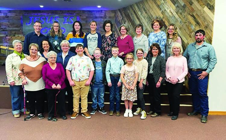 Performers from the three community churches included FRONT (L-R): Nyla Opp, Pat Kjellsen, Baylor Bickel, Garrett Nilson, Gracen Gill, Sophia Gross, Maya Biegler, Cheryl Lawrence, Barb Gross, Tanner Leibel; MIDDLE: Melissa Maher, Linda Reinbold, Ann Crance; BACK: Bryce Schaffer, Colette Schaffer, Callie Olson, Rachael Goldade, Deb Voller, Sheila Schweitzer, Marlene Biegler, Cindy Biegler, Mandy Hulm.