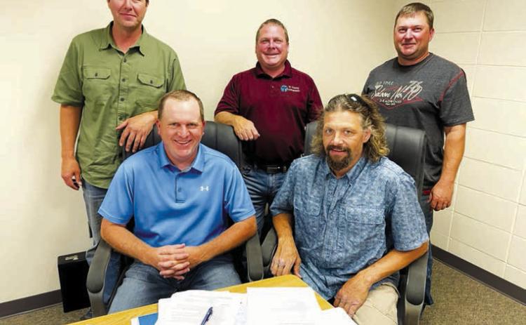Members of the Timber Lake School Board are (FRONT) L-R: Vicechairman Bryce Lindskov and Chairman Jake Kraft; BACK: Tyrone Kraft, Brandon Heck and Joe Locken. Jake Kraft was unopposed for re-election, and Heck recently replaced Rae O’Leary, who chose not to run for another term. Photo by Kathy Nelson