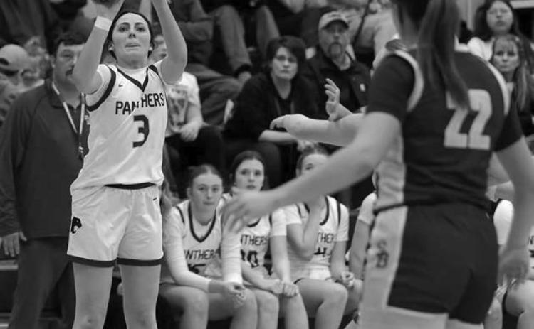 Junior forward Ruby Maher puts up a long jumper during Lady Panther hoops action against Sully Buttes last week. Maher finished with seven points in Timber Lake’s win over the Chargers. Topic Photo/Marie DuPreez