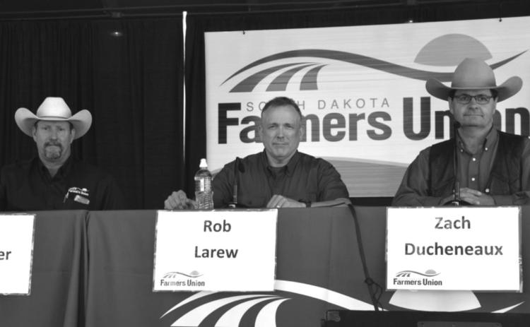 Zach Ducheneaux, U.S. Department of Agriculture Farm Service Agency Administrator (RIGHT), discussed food security with farmers, ranchers and other fairgoers during Farmers Union Day at the South Dakota State Fair on Sept. 4. Other panelists were Rob Larew, National Farmers Union president, and Oren Lesmeister, a Parade rancher, small business owner and District 28-A State Representative.