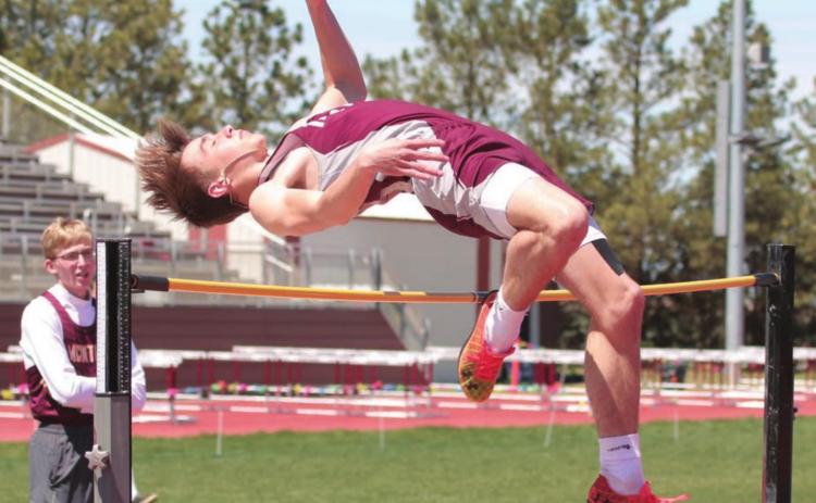 Timber Lake sophomore Gavin Farlee clears the high jump bar during the “last chance” track meet in Timber Lake May 16. Photos by Jon Flatland