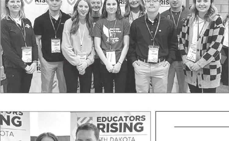 Attendees at the Educators Rising Conference were (L-R) Teacher Luann Lindskov, Jayden Miller, Sara Keller, Jordan Jones, Natalie Lawrence, Kenna Webb, Gabe Keller, Dan Peterson, and teacher Kristin Long.