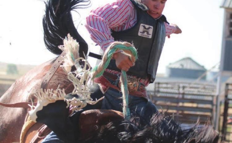 Lanny Brooks won the saddle bronc riding at the Ziebach County 4-H rodeo held last weekend in Dupree. Results were not available as of press time. Photo by Jon Flatland