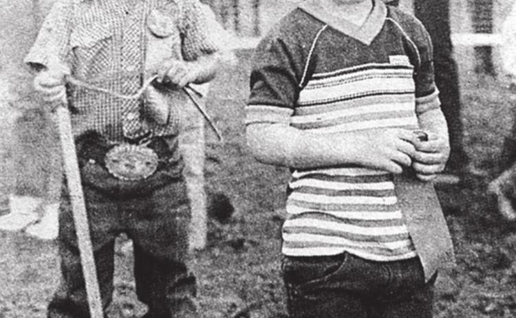 Stick horse barrel racers at the 1982 Days of 1910 Rodeo — Harold Hulm and Cody Maher. (From the Timber Lake Topic, August 5, 1982)