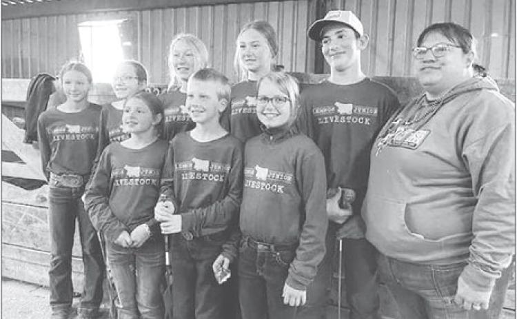 Dewey County 4-H members who showed livestock at Lemmon on Sept. 10 were FRONT (L-R): Finley Boldt of Isabel, Gracen Gill of Timber Lake, Maya Biegler of Timber Lake; BACK: Josie Boldt of Isabel, Bricelyn Pederson of Firesteel, Talley Locken of Isabel, Lexi Locken of Isabel, Levi Berndt of Isabel, and Coach Lisa Pederson of Firesteel.