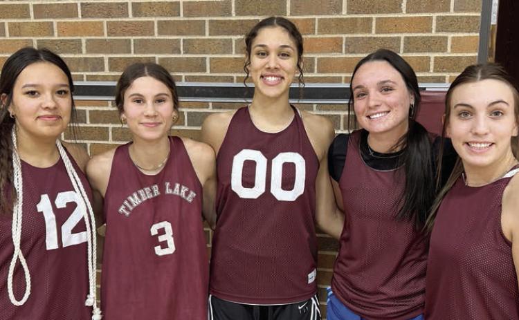 Seniors and returning letterwinners for the Timber Lake Lady Panthers include, l-r, Kessa Bigger, Natalie Lawrence, Jasmine Nash, Kiya Mowrer and McKenzi Vomacka. Photo by Jon Flatland