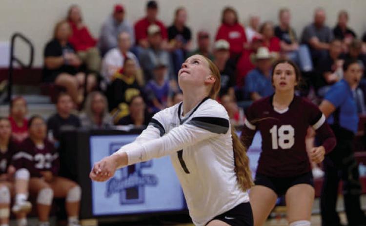 Kaydence Ouzts sets up a shot for the Timber Lake Panthers during recent volleyball action. The Panthers have struggled in the early season but are showing improvement. Photo by Marie DuPreez