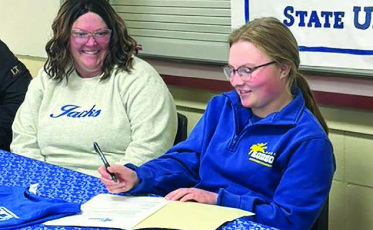 Brelan Maher, daughter of Wade and Jolene Maher of Isabel, signed a National Letter of Intent last week to attend South Dakota State University to study Animal Sciences and compete on the SDSU Rodeo Team in barrel racing and breakaway roping. Submitted Photo