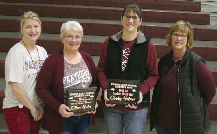 The Timber Lake School recognized its 2022-23 Teacher of the Year and Missy Stover Award winner on Thursday, March 2. Pictured, l-r, are Elementary Principal Danae Paxton, elementary principal; Ellen Hulm, Missy Stover Support Staff Award recipient; Cindy Holzer, Teacher of the Year; and Julie Marshall, middle school/high school principal. Photo by Jon Flatland