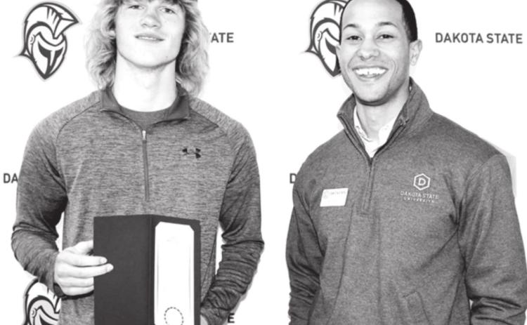 Chase Marshall (LEFT) has been awarded the Presidential Champion Scholarship from Dakota State University. DeVonté Garcia (RIGHT), Assistant Director of Development, presented the award at Champion Scholar Registration Day at DSU.