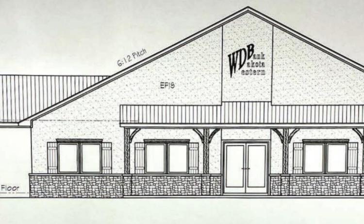 The new home of Western Dakota Bank will be located in the 800 block of Timber Lake’s Main Street, facing east. It will be built north of the existing building (SHOWN BELOW), which will be demolished to make room for the drive-up window on the south (AT LEFT IN THE ABOVE DRAWING).