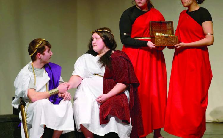 The Timber Lake High School Theatre Dept. presented the one-act play, Madea, for the public last Friday, Jan. 31. Pictured from a scene in the play are (l-r) Jack Hornick, Anna Kraft, August Laurenz-Anderson and Kessa Bigger. The play is entered in state competition in Brookings this weekend.