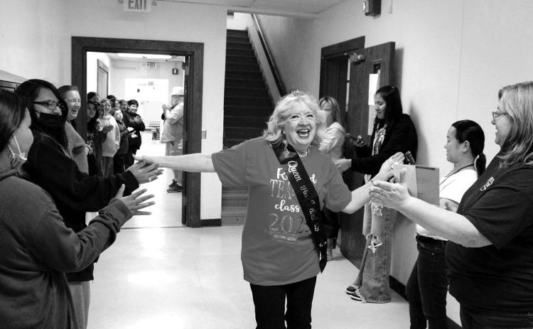 Dupree teacher Kim Shannon is congratulated on her last day of school.