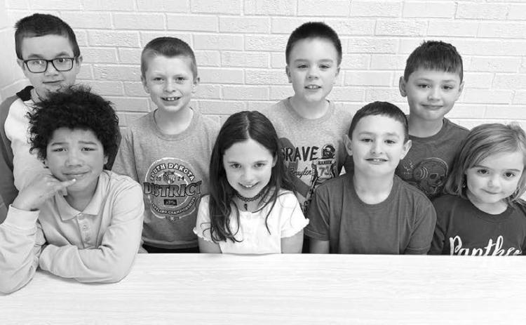Grades 1 and 2 FRONT (l-r): Eleazar Reichert, and Kinzlee Martin (second grade top spellers) and Korbin Vogel and Lydia O’Bryan (second grade alternates); BACK (l-r): Ryker Bridges and Trevor Aberle (first grade top spellers) and Dylan DuPreez and Zeke Vogel (first grade alternates).