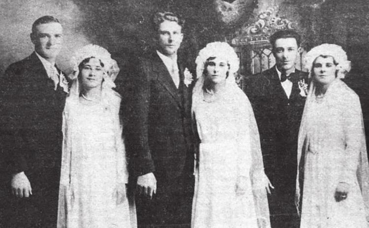 In October, 1981, three couples celebrated their 50th anniversary. They were married in a joint ceremony in October, 1931. L-R are John and Maggie Schweitzer, Valentine and Christine Keller, and Wendelin and Katie Senger on their wedding day. The triple ceremony was performed by Father Monoghan of Isabel, Father Lahe of McIntosh, Father H. J. Klein of Glencross, and Father F. W. Healy of Timber Lake. Timber Lake Topic October 22, 1981