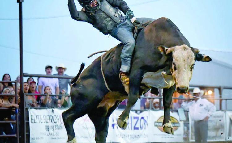 Faith cowboy Zane Day was crowned the 2025 bull riding champion at the Days of 1910 Rodeo in Timber Lake over the weekend with a 78 point ride Saturday night, July 26. Day was the only one of 11 bull riding entries to mark an 8-second-ride. Photo by Chuck Miner